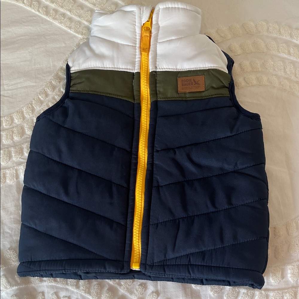 Eddie Bauer Kids Navy Puffer Vest with White Yoke and Yellow Zip 24mts